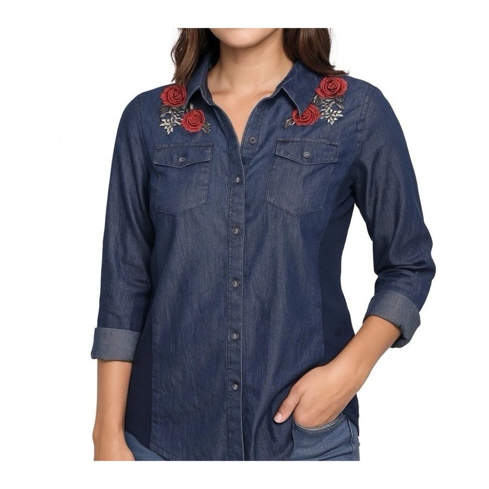 CAVALINI Blue Chambray Button Up Shirt sz S Embroidered Rose Western Cottagecore